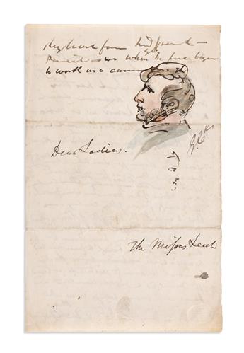CRUIKSHANK, GEORGE. Two items: Graphite drawing Signed * Autograph Manuscript, with a small ink and watercolor drawing Signed.